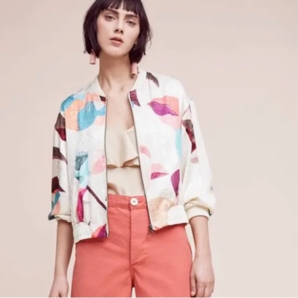 Elevenses for Anthropologie silk like patterned bomber zip jacket size XSmall